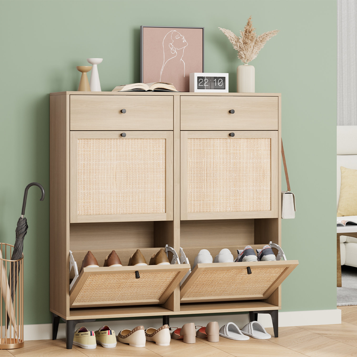 Bayou Breeze Felicity Natural Rattan Shoe Storage Cabinet With Four Doors & Reviews | Wayfair