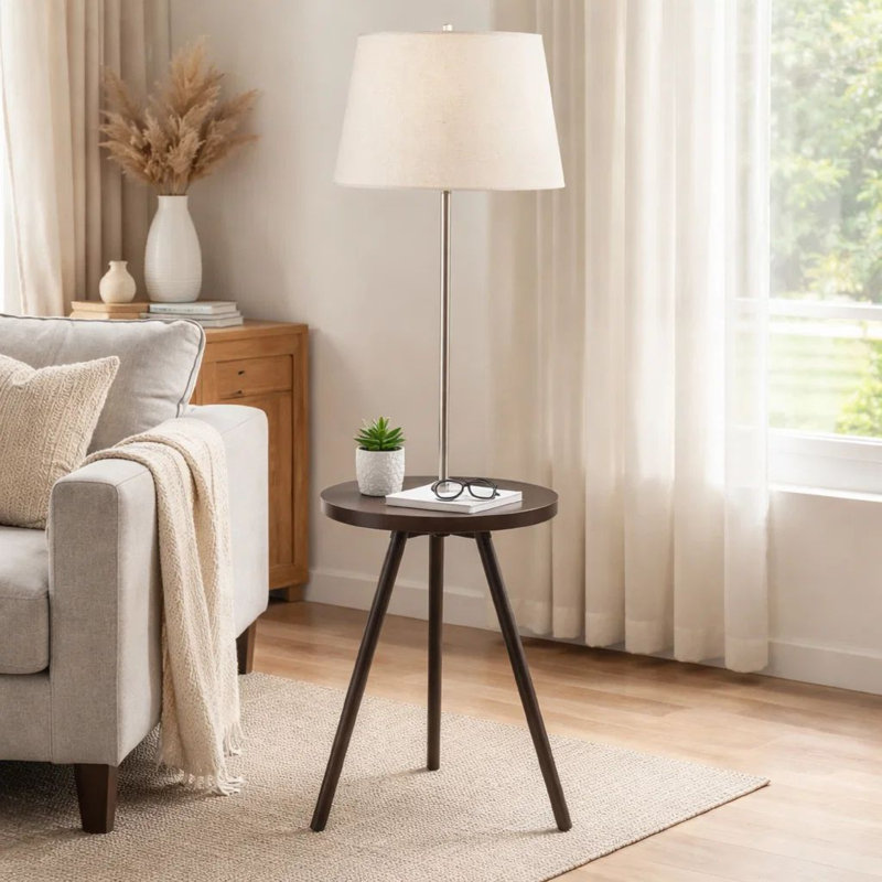Lampe de table d'appoint avec abat-jour tambour blanc, brun espresso