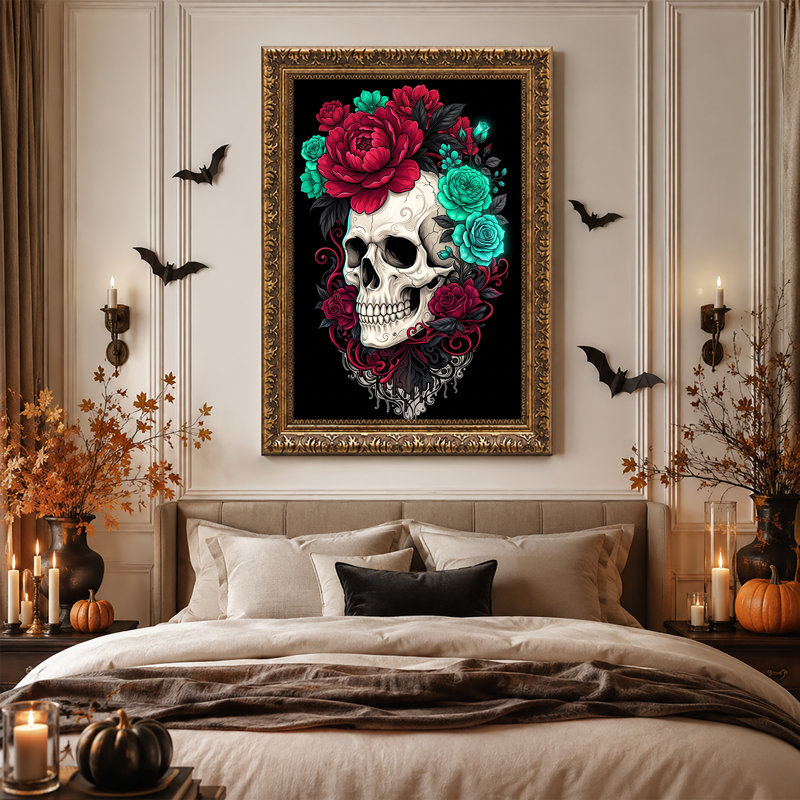 Art mural sur toile, crâne stylisé avec fleurs rouges et bleu sarcelle, H 18 po x l 12 po