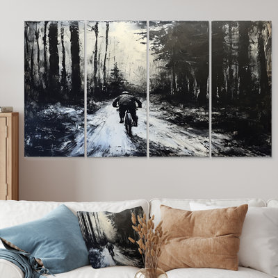 Biking In The Winter Woods Monochrome - Bicycle Wall Art For Living Room 4 Piece
