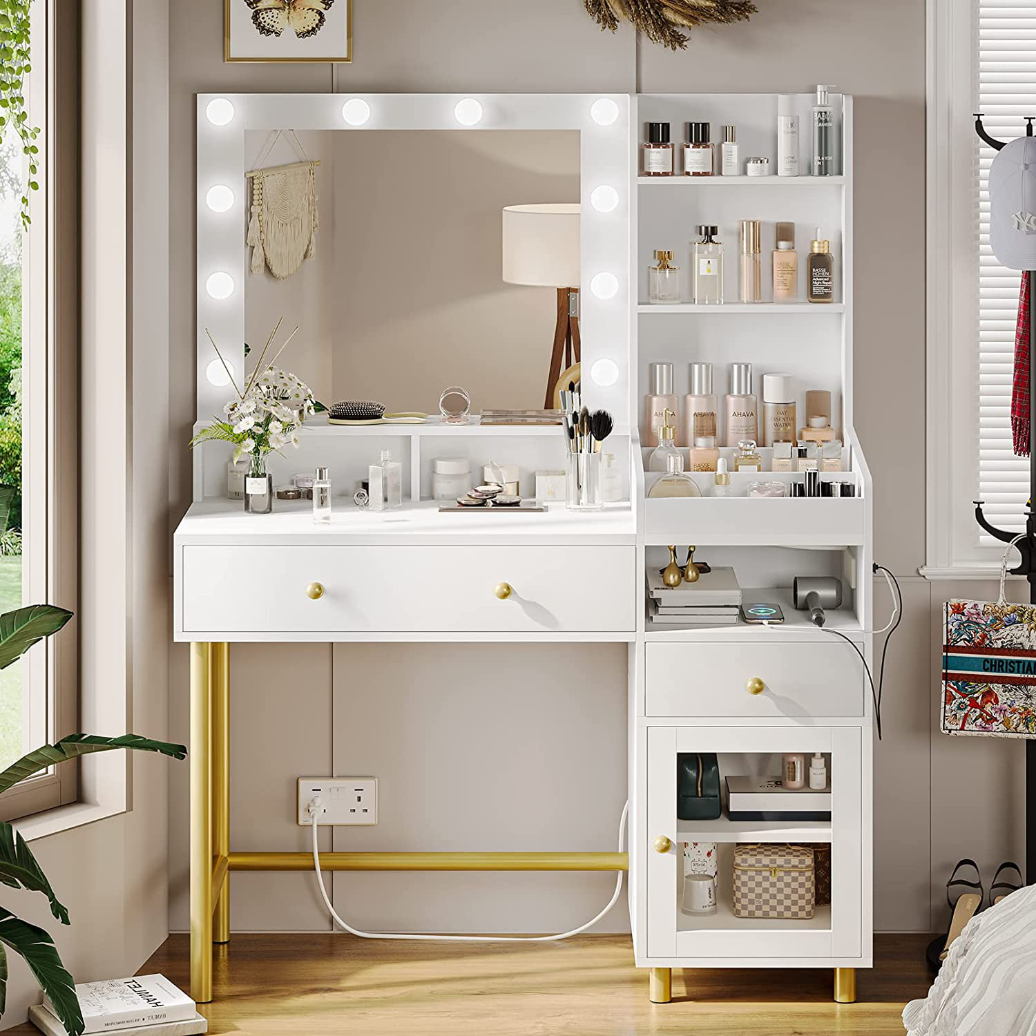 43.3W Makeup Vanity White Vanity Desk with Hidden Storage Shelves