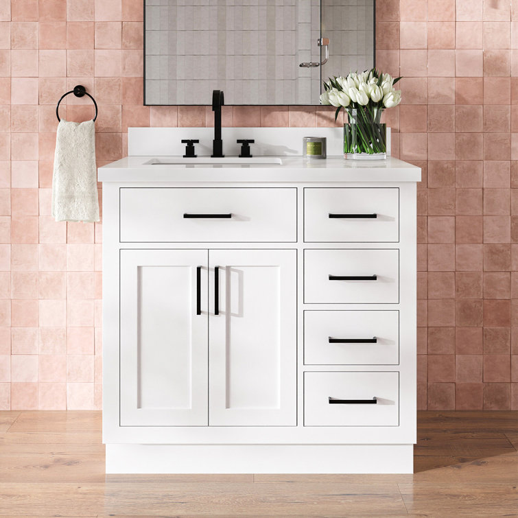 Tidworth 36'' Solid Wood Single Bathroom Vanity with 1.5'' White Quartz Top, Left Offset Rectangular Sink