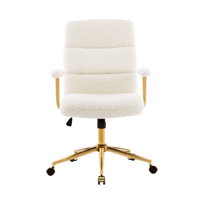 Textured Boucle Fabric White And Gold Desk Chair, Modern Height Adjustable Office Padded Arms, Foam Cushioned Back Seat, Base With Smooth Nylon , 26.13 W X 26.5 D 39.75 42.5 H, 225 Lbs Chair Fabric,