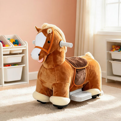 Cheval d'intérieur et musical pour enfant en bas âge - Poney à piles 6V avec peluche, copain et roues silencieuses - Brun
