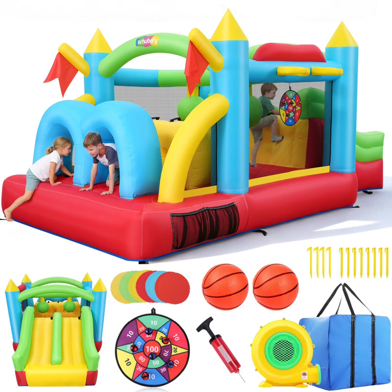 Jeu gonflable de 15,3 pi x 8,9 pi avec deux glissoires, souffleur de 550 watts, parcours d'obstacles, panier de basketball et cible