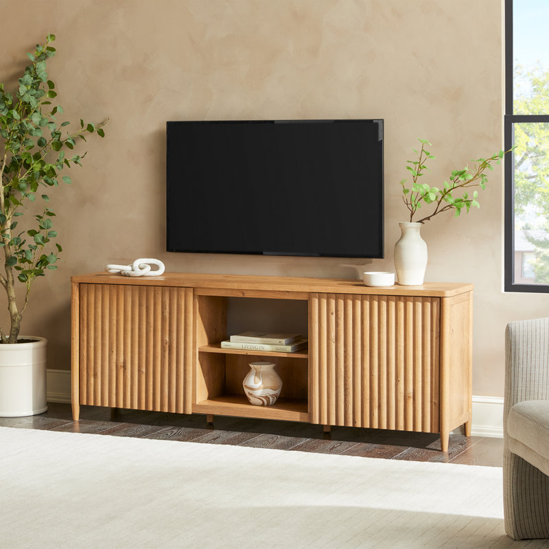 Scandinavian Reeded TV Stand with Open Storage, 70.5", English Oak