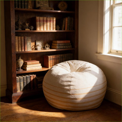 Grand fauteuil à billes de 5 pieds pour adultes, rembourré en mousse haute densité, housse lavable amovible, naturel bohémien avec jaune moutarde rayé | Rond | Tissu