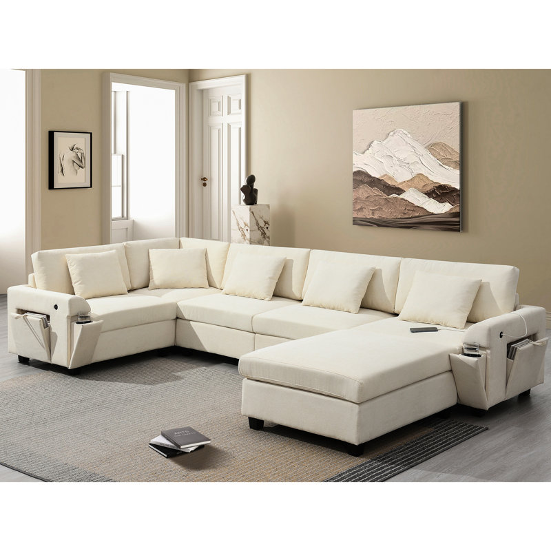 Siège en U à 6 places, 128 po x 67 po, chenille avec rangement pour accoudoirs cachés, porte-gobelets et ports de recharge pour le bar 6 et le salon contemporain