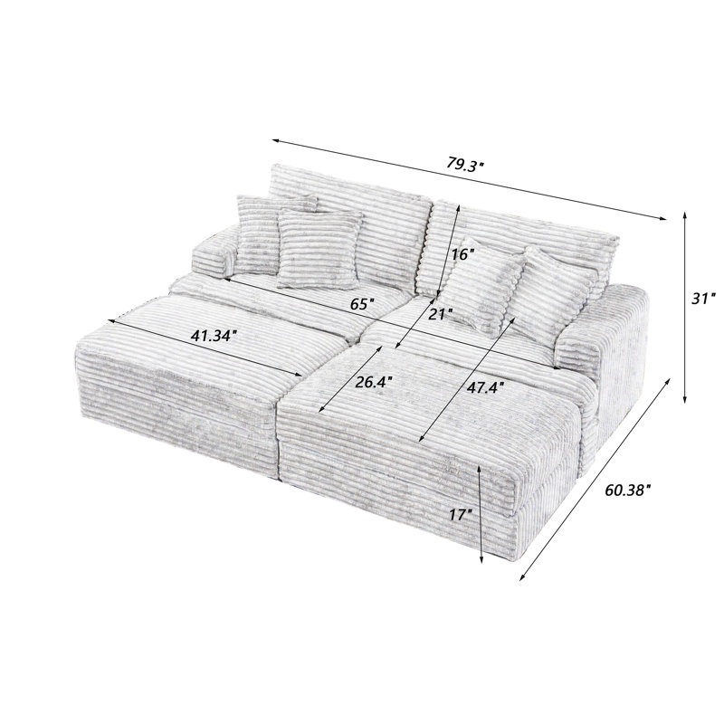 79.3'' Corduroy Comfortable 3 Seater Sofa  With Ottoman, Pink