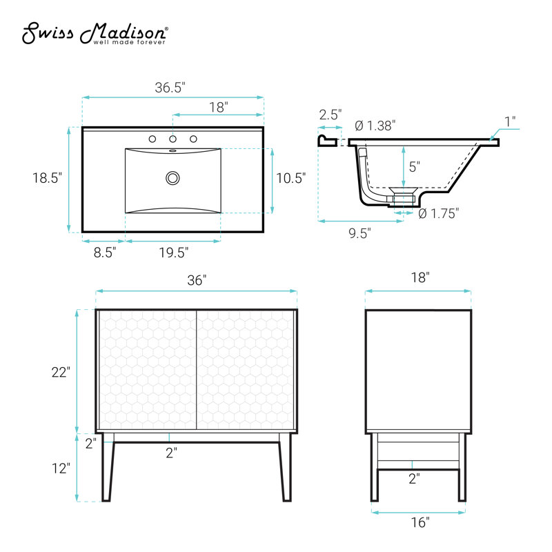 Bosse 36" Freestanding Bathroom Vanity With Sink Top, Black Oak, White, 8" Widespread