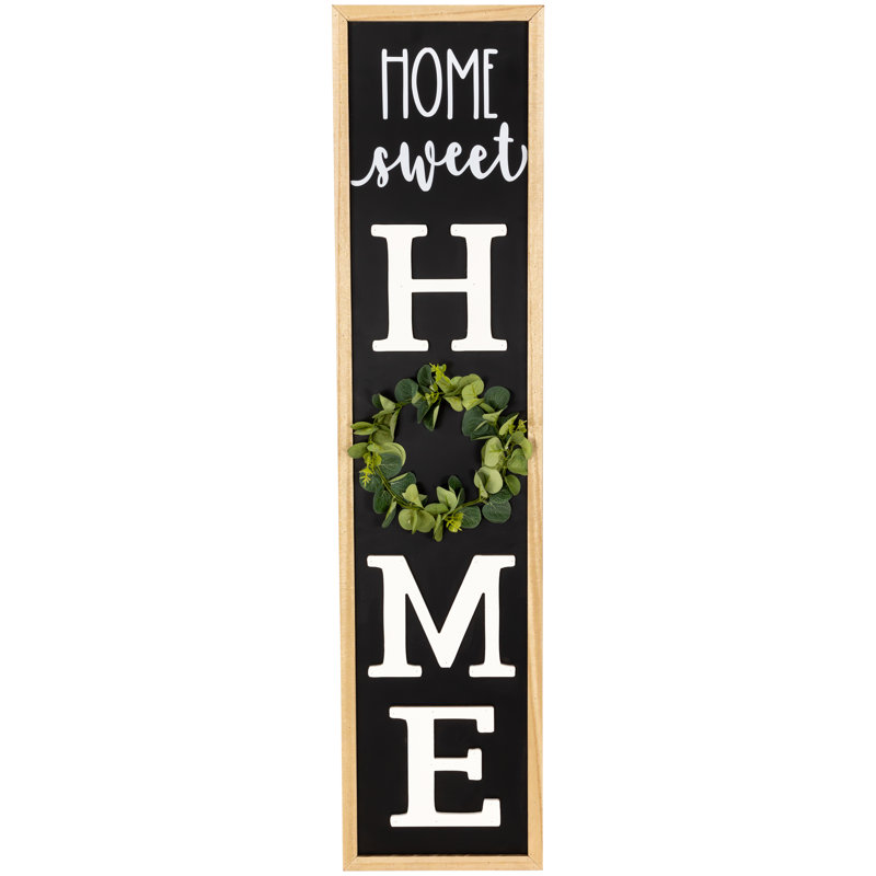 Black and Natural Wood Outdoor Porch Sign with Wreath Accent