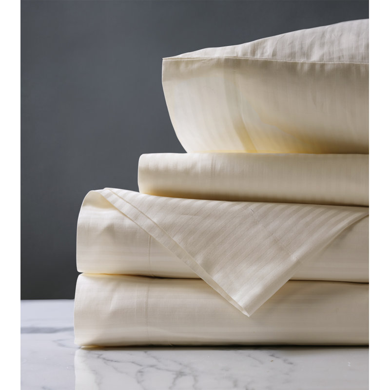 Emilio Egyptian Cotton Percale Striped Sheet Set, Queen Sheet Set + 2 Pillowcases, Ivory