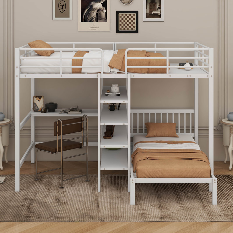 Full Over Twin Metal L-Shaped Bunk Bed With Built-In Desk, Shelves, And Ladder, White