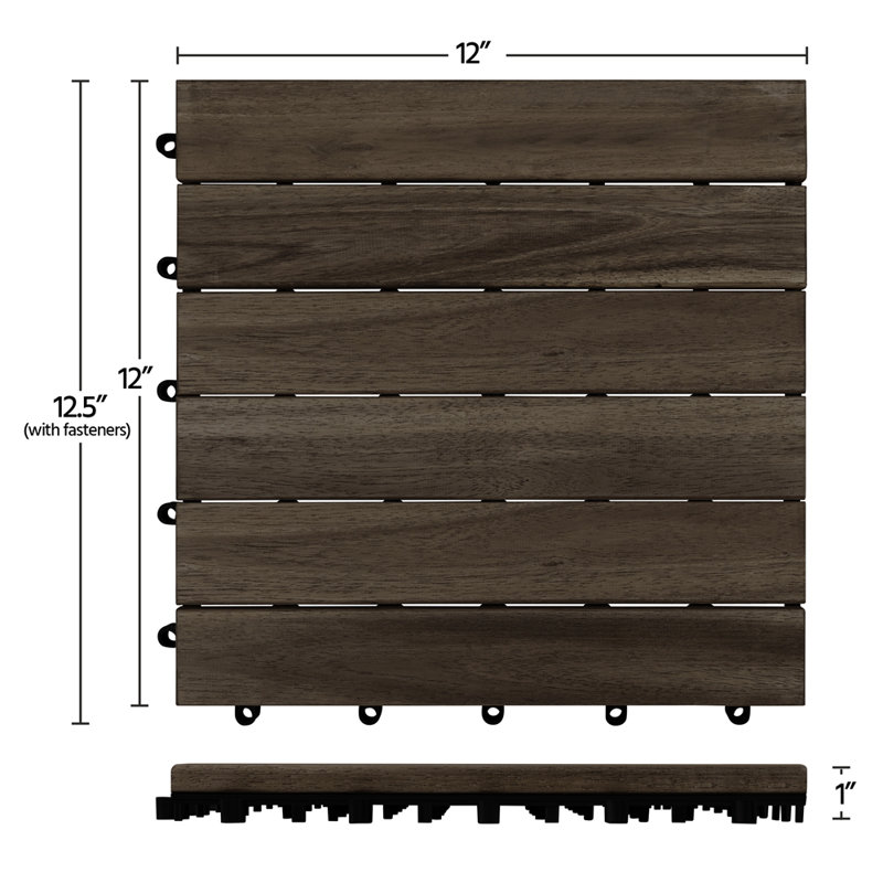 Acacia Natural Wood Interlocking Deck Tiles for Indoor and Outdoor, Black