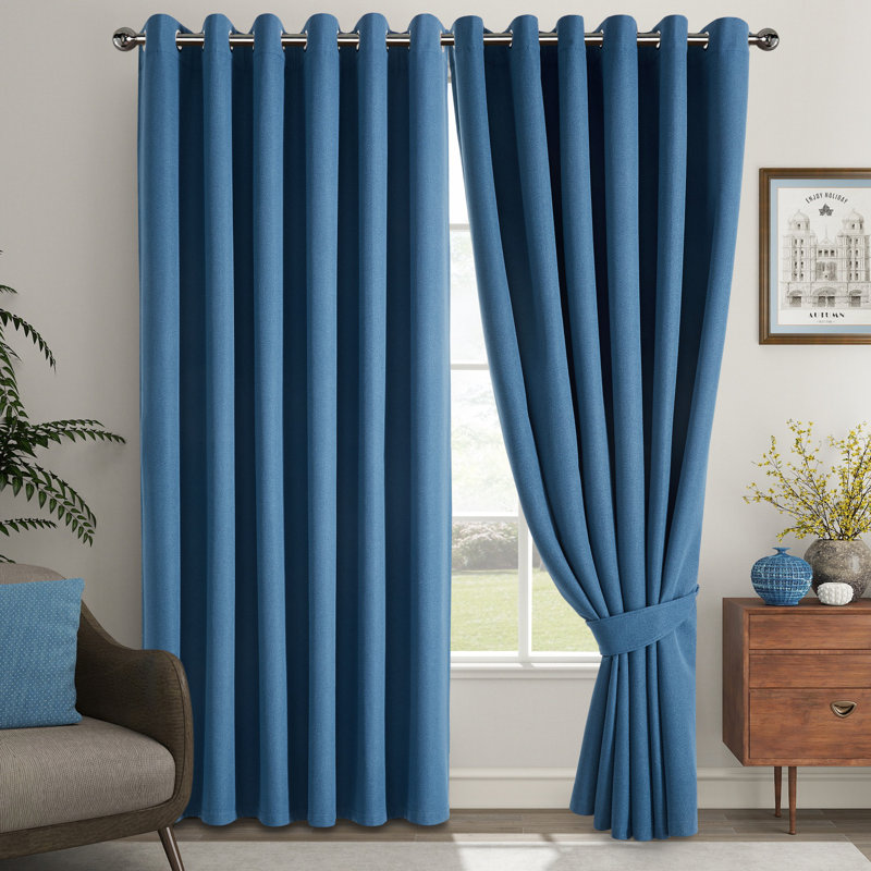 Linen Blend Blackout Curtain Panel Pair, Blue, 117cm Width x 137cm Drop