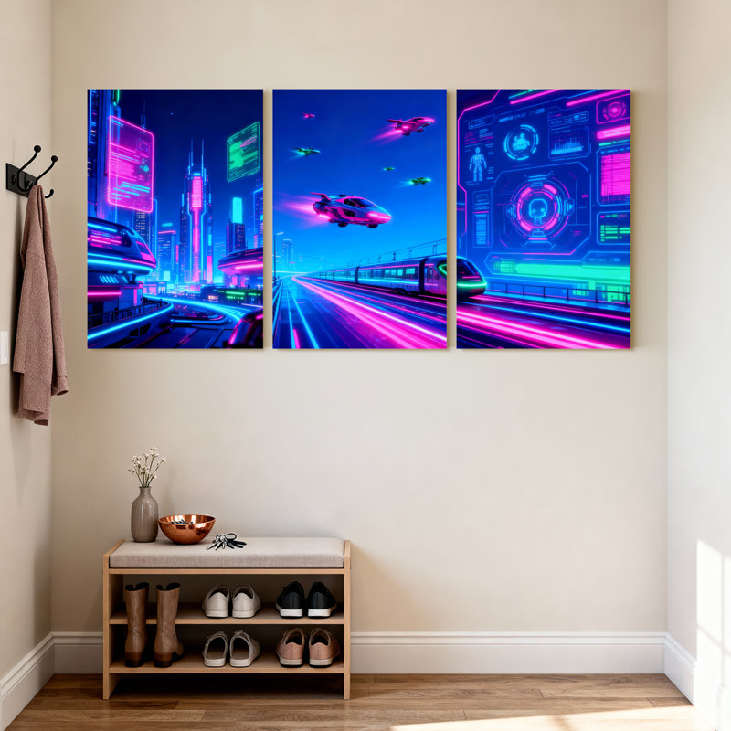 Abstrait néon urbain, ensemble d'aéroglisseur futuriste, ensemble de 3 impressions sur toile, H 18 po x l 36 po
