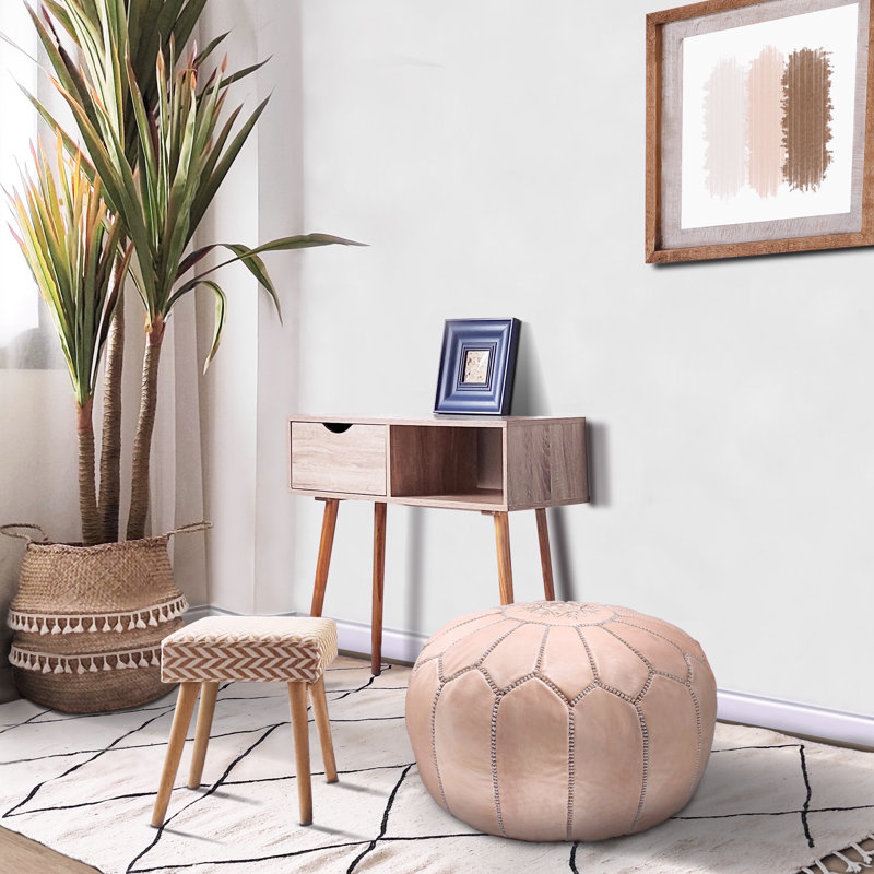 Leather Pouf, Salmon Genuine Leather