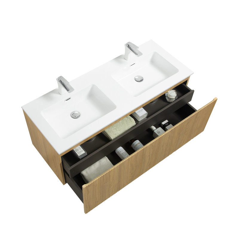 Double meuble-lavabo mural 48 po avec lavabo en résine blanche intégrée