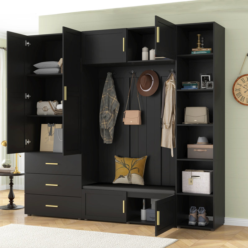 4-In-1 Hall Tree With Bench And Shoe Storage, Black