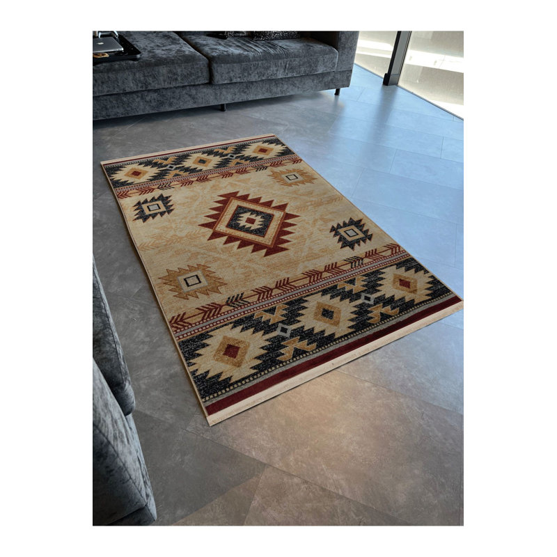 Tapis décoratif traditionnel frangé à motif traditionnel lavable à la machine, Rectangle 3 pi 11 po x 5 pi 11 po