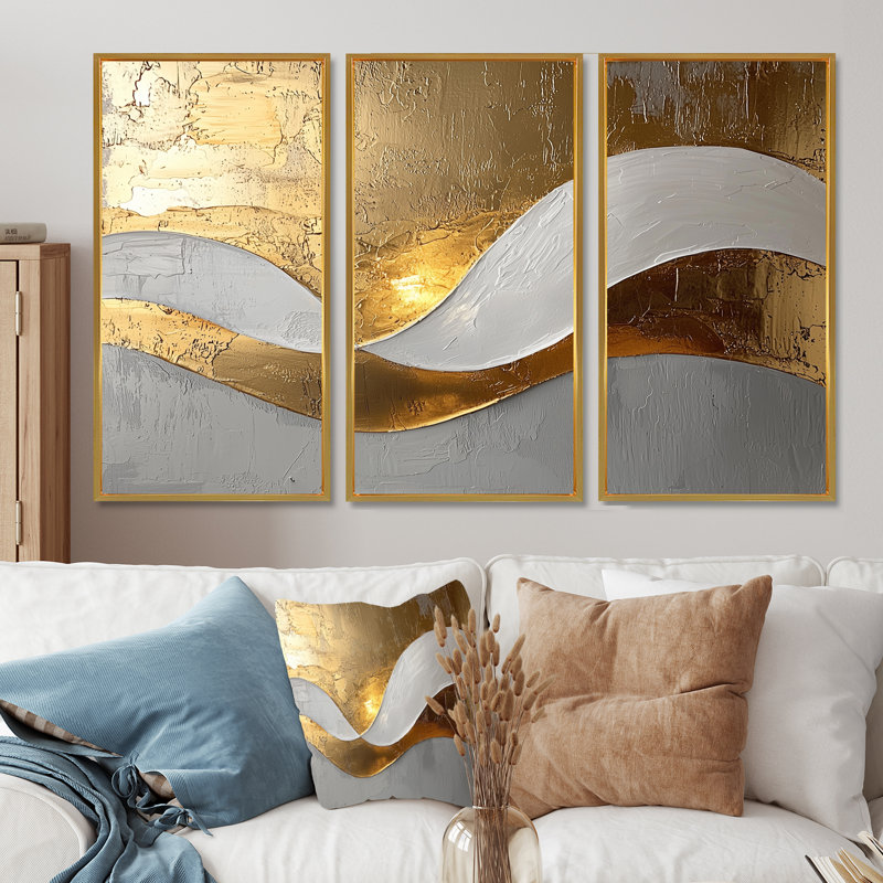 Newman I - art mural vagues pour le salon - ensemble de 3, H 40 po x l 60 po, Impression encadrée sans passe-partout, Doré