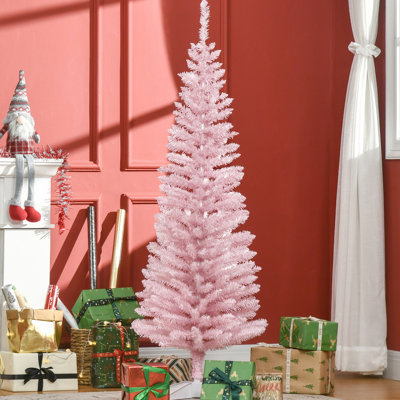 Arbre de Noël artificiel rose, mince de 5 pi avec 294 pointes de branches, support en plastique fiable, arbre de marches résistant au feu et sans effort pour Noël, bouts et antidéflagrant, processus d'assemblage