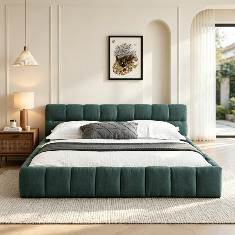 Cadre de lit rembourré Queen Size avec tissu chenille épais, soutien solide et tête de lit élégante, aucun sommier requis