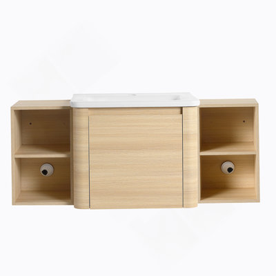 Meuble-lavabo mural 48 po avec lavabo en céramique blanche, 2 tablettes de rangement et 1 porte à fermeture douce, contreplaqué et chêne blanc américain