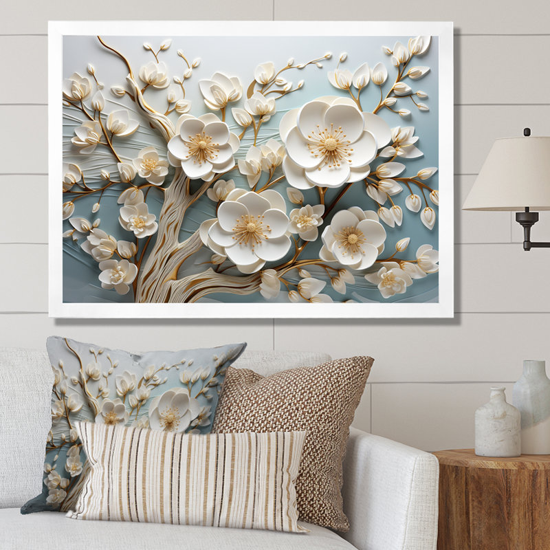 White Orchid Tree Garden Of Branches 9 - Abstract Floral Wall Art, 16" H x 32" W x 1" D, White Closed Corner Frame