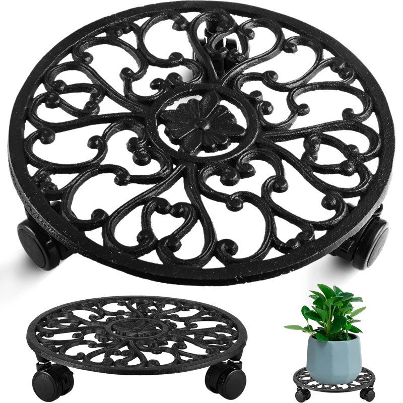 Support à plantes roulant de 27,7 cm (10,9 pouces) en fer forgé, robuste, lot de 1, noir, H 2,56 po x l 10,9 po x P 10,9 po