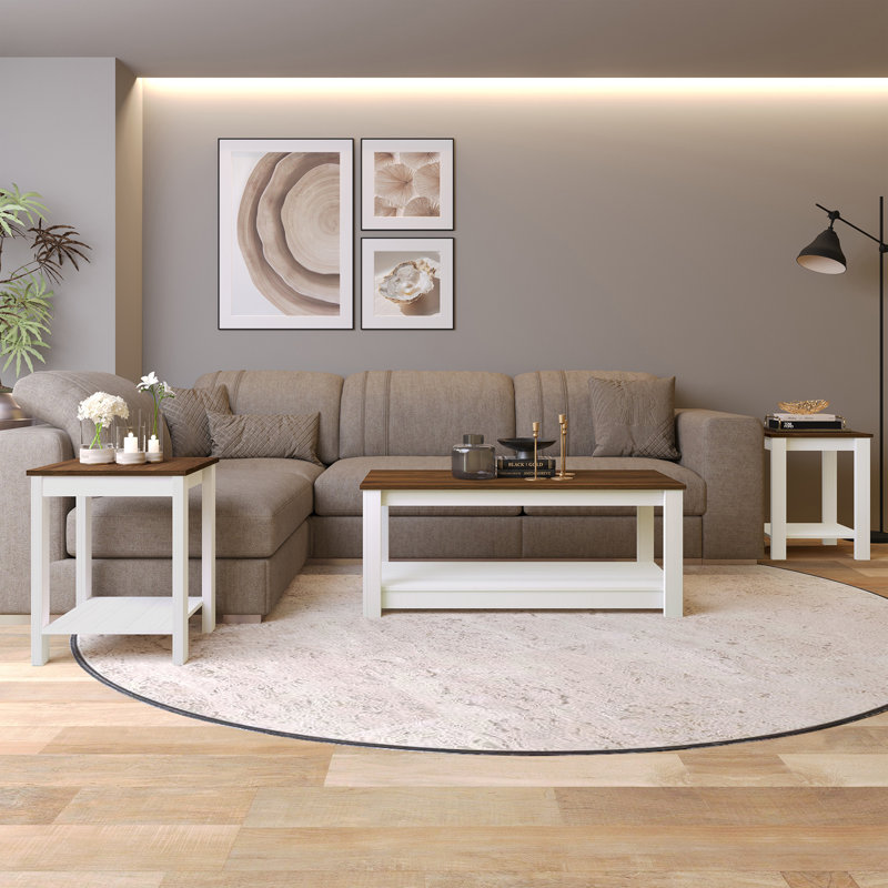 3-Piece Coffee and End Table Set with Angled Legs in White, White