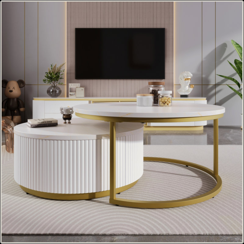 Table basse moderne emboîtable cannelée avec tiroir Modern, Blanc