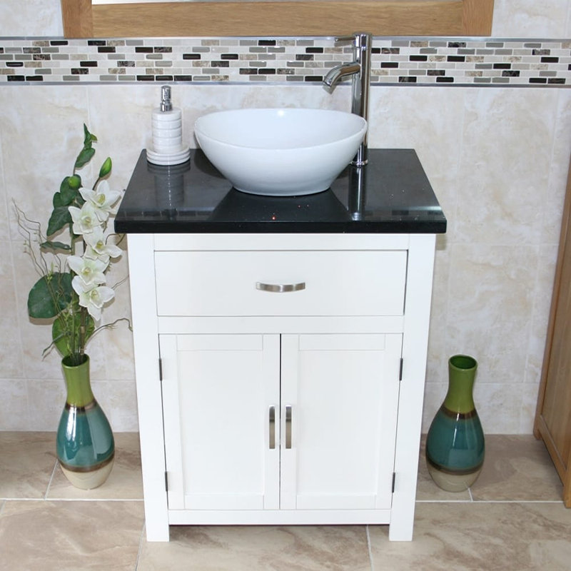 Robichaud 751mm Single Bathroom Vanity with Vessel Ceramic Basin, Black Quartz, White