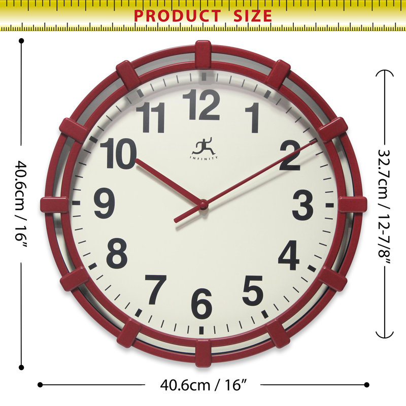 Horloge murale ronde en plastique 16 pouces, Rouge