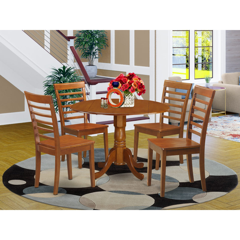 5 Piece Kitchen Table & Chairs Set Includes a Round Dining Table with Dropleaf and 4 Dining Room Chairs, 42x42 Inch, Saddle Brown