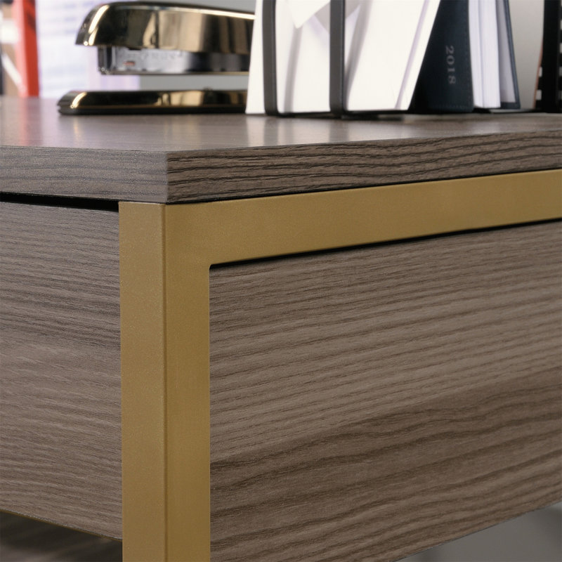Bureau en L avec rangement ouvert (tabourets non inclus), Doré