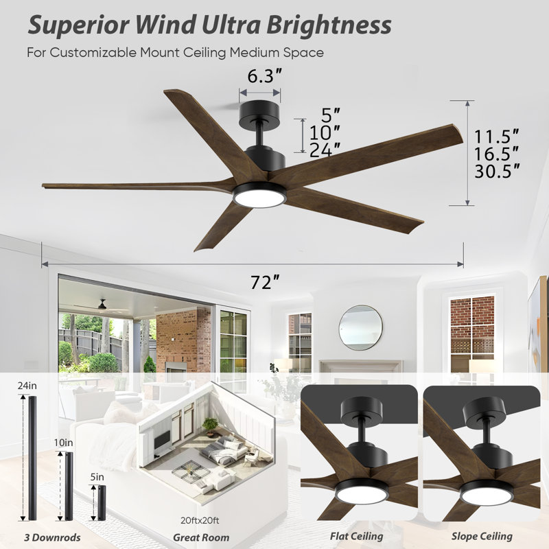 Modern 5 Blade Wood Ceiling Fan With Integrated Light, 72", Black, Brown