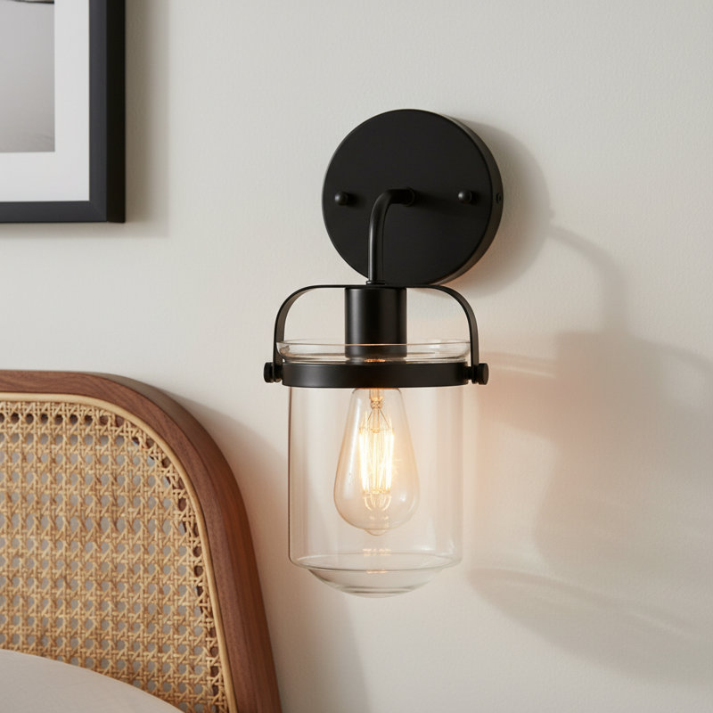 Dimmable Matte Black Armed Sconce With Clear Glass Shade (Bulb Not Included), 1, 12.6" H x 5.12" W x 7.87" D