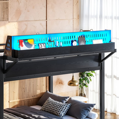 Lit superposé double au-dessus de double avec tablettes de rangement et panneau perforé, cadre de lit superposé avec ports USB et lumières DEL, peu encombrant, pour adolescents et adultes, noir