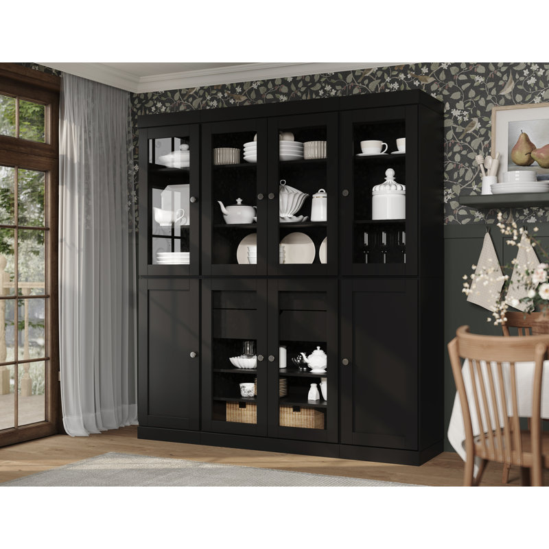 Vaisselier 100% bois massif 65 po avec verre transparent, portes Shaker, 2 tiroirs et tablettes réglables, Noir