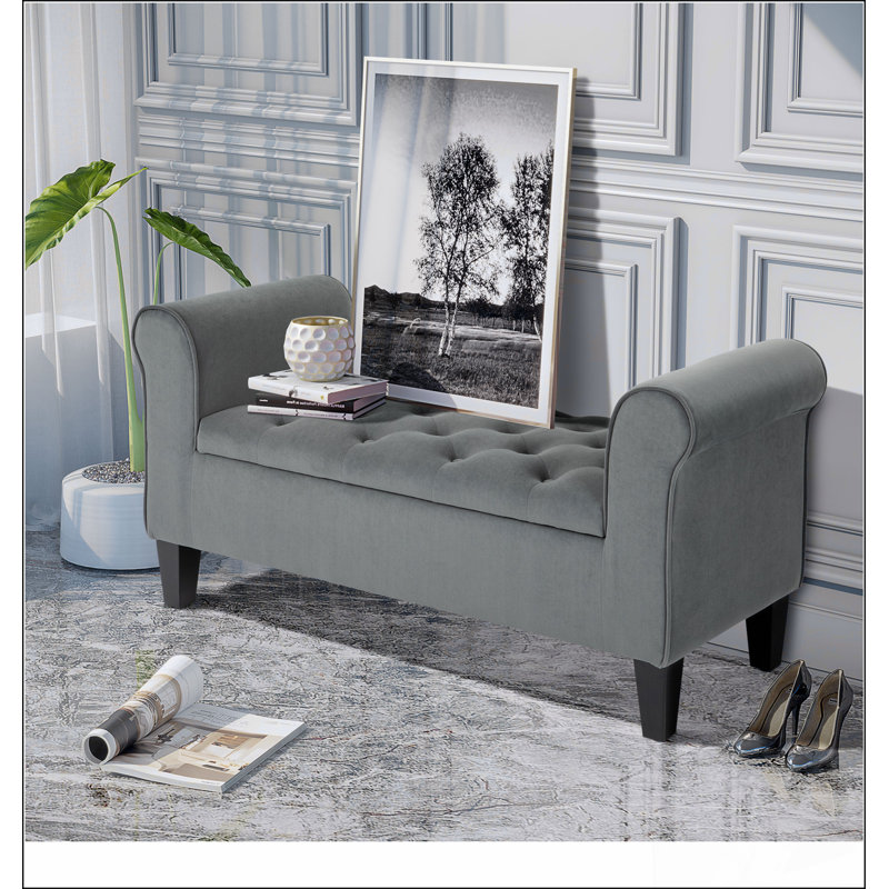 Button-Tufted Storage Ottoman Bench, Upholstered Bench with Rolled Armrests for Living Room