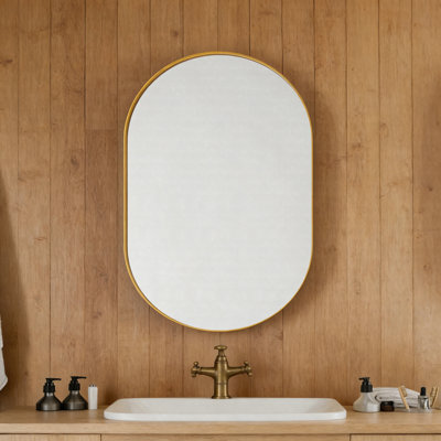 20" X 34" Oval Recessed Matte Gold Metal Medicine Cabinet With Mirror, Adjustable Glass Shelves, Bathroom Wall Storage
