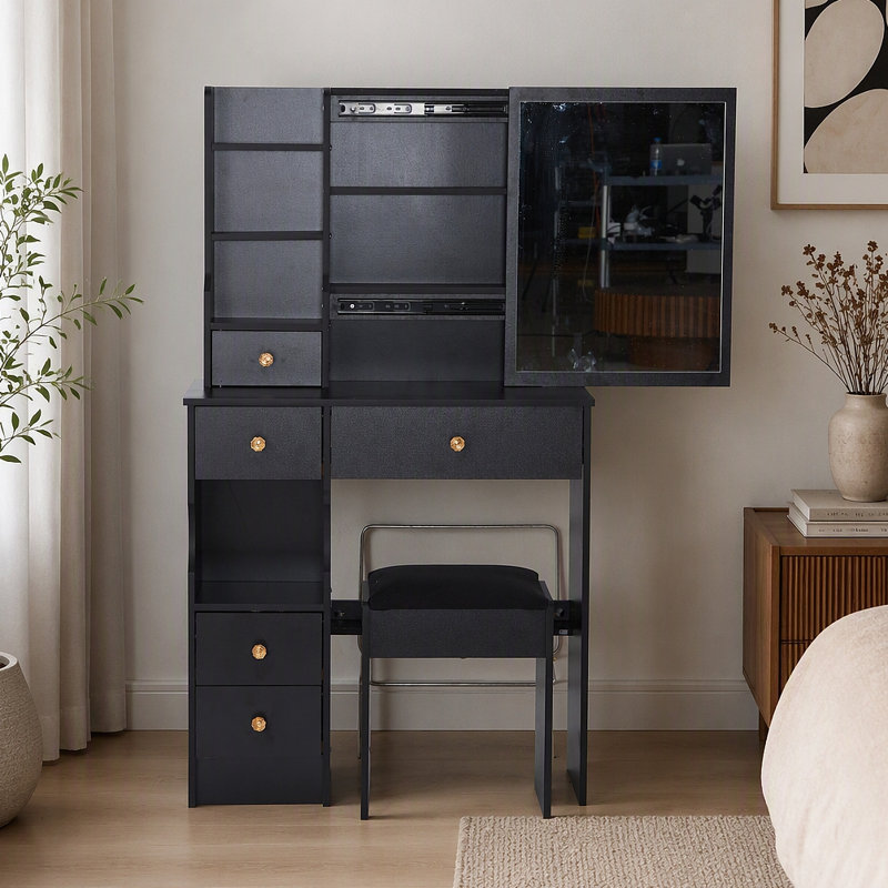 Petit meuble-lavabo de 29,2 po avec tiroir à gauche et tabouret rembourré, très grand miroir coulissant à droite, rangement multi-couches à grande capacité, commode pratique, certificat EPA, GCC, UL