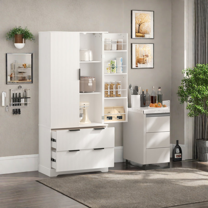 Grande armoire de rangement avec étagères à épices, tiroirs et tablettes - Armoire garde-manger polyvalente en panneau de fibres à densité moyenne pour cuisine, salle à manger ou salon