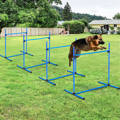 4 Piece Dog Agility Training Collection Pack With Adjustable Hurdles, Displacing Top Bar, And Carry Bag For Different Sizes, Blue, 9.89 Lb Course Equipment Package: Jump Heights, Included Carrying