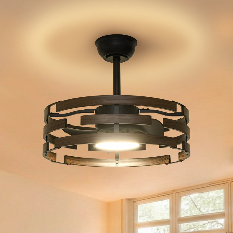 20" Caged Ceiling Fan with Lights, Farmhouse Fandelier with Remote, Black Walnut