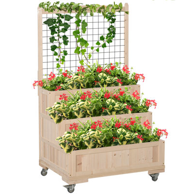 Outsunny 3-Tiers Raised Garden Bed With Trellis, 53" H Vertical Planter Box With Wheels & Back Storage Area, For Flowers, Vegetables, Herbs