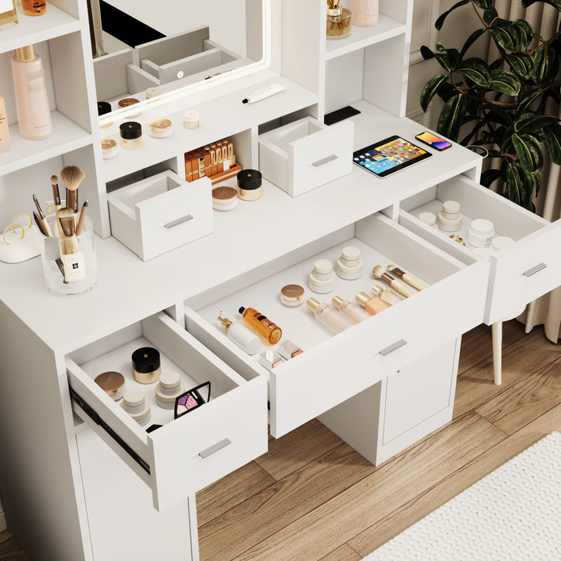 Meuble-lavabo de chambre à coucher avec miroir à DEL et grand espace de rangement: coiffeuse blanche à 5 tiroirs, 2 armoires réglables, prises de courant style américain - armoires à tiroirs à utiliser