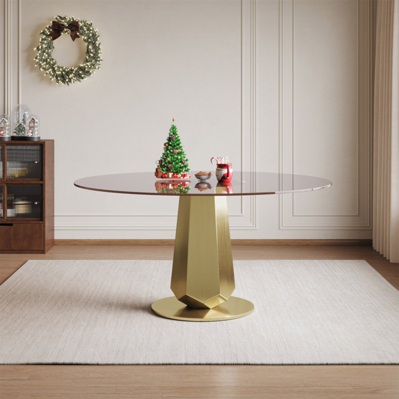 Table de salle à manger ronde de 53 pouces de luxe avec plateau en verre fumé, table de cuisine moderne pour 4 à 8 personnes, base en acier inoxydable doré et assemblage facile, table de petit-déjeuner peu encombrante pour les appartements