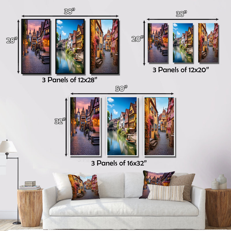 "Allemagne Rothenburg Street", 3 pièces sur toile, Toile tendue, H 32 po x l 48 po